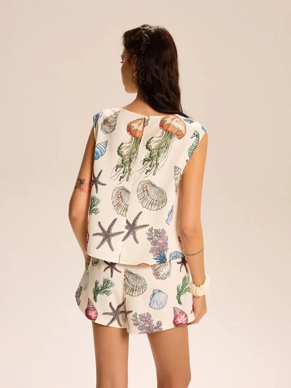 027. Commense S Seashell Print Sleeveless Top and Shorts Set - Picture 3 of 5